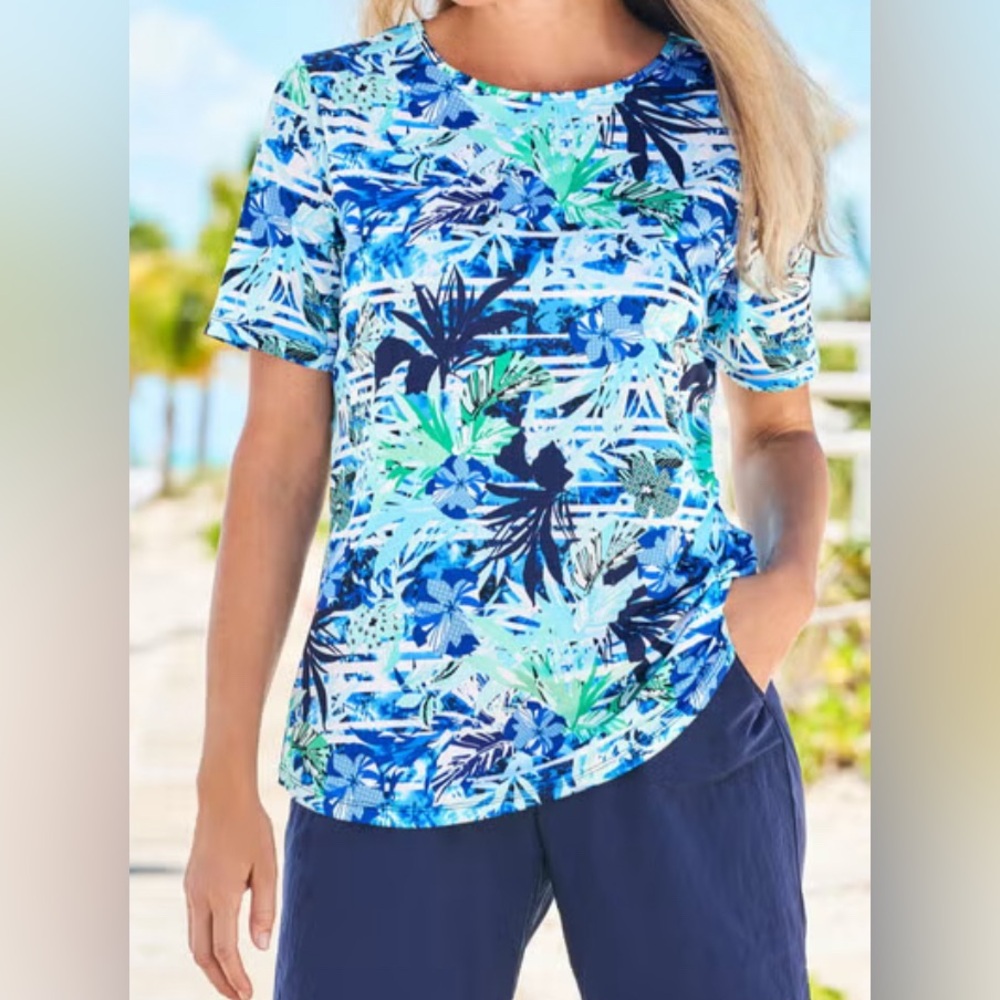 #2582 - Swim 365 Tee Blue Stripe Palm Crewneck Short Sleeve Rash Guard Swim Top